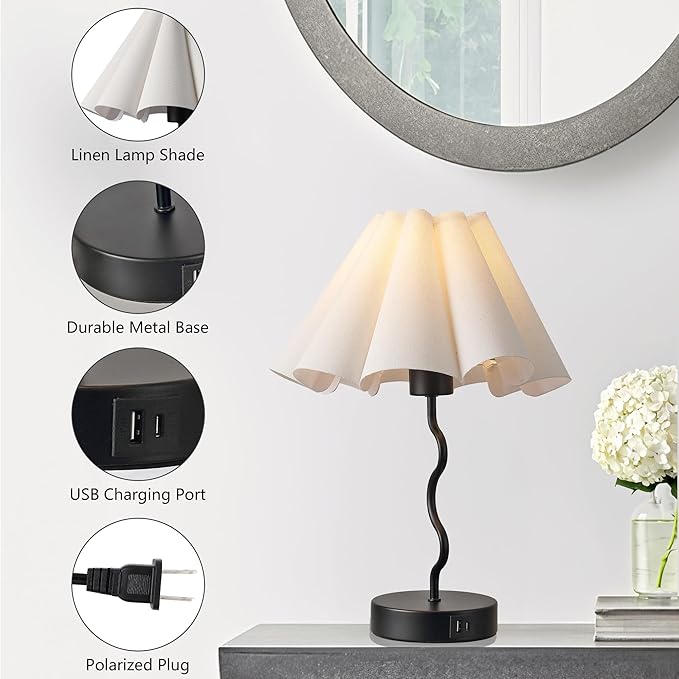 Pleated Table Lamp, Set of 2 Table Lamps for Bedroom, Bedside Lamps for Nightstand with Linen Lampshade, Modern Lamp for Bedroom Home Office Decor, Black