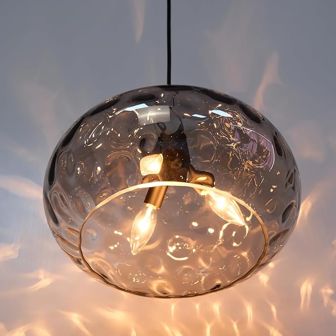 Large Glass Pendant Lighting, 14" Hammered Lampshade Hanging Lamp, 3-Light Matte Black Chandelier for Dining Living Room Kitchen Island (Smoked Grey Glass Shade, 14 Inches)