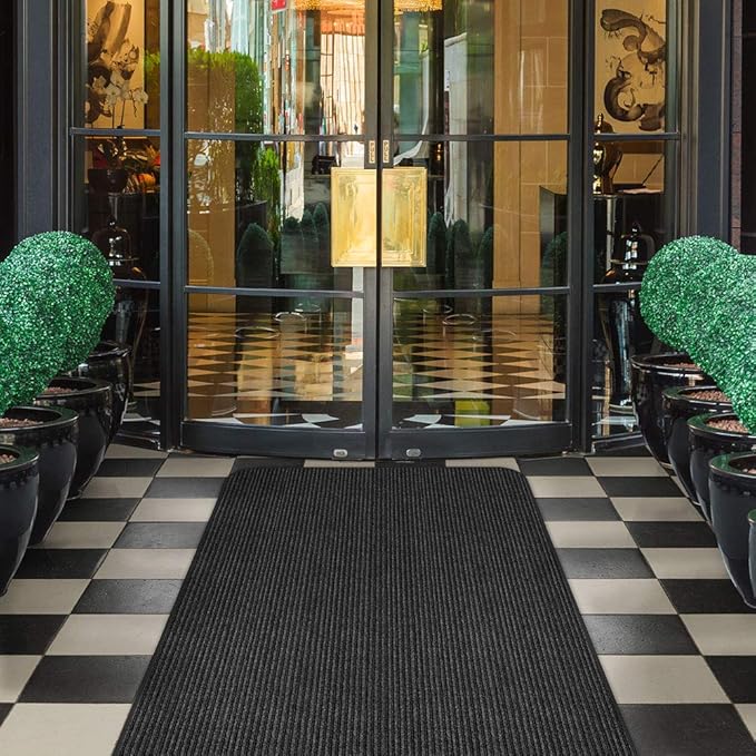 House, Home and More Indoor Outdoor Double-Ribbed Carpet Runner with Skid-Resistant Rubber Backing - Smokey Black - 3 Feet x 40 Feet