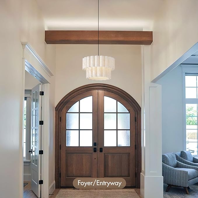16 Inch Wavy Linen Chandelier Modern Pendant Light Fixture, Rustic Fabric Hanging Ceiling Lamp for Dining Room, Kitchen Island, Living Room, Foyer, Dimmable Lighting Over Table