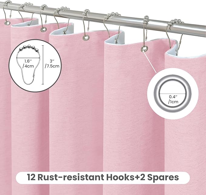Inhousolu Boho Farmhouse Shower Curtain with Fabric Liner Set, Faux Linen Textured, 14 Metal Hooks Luxury Weighted Hem, Washable Wrinkle Free Bath Curtain for Hotel Bathroom 72" W x 96" L Pink