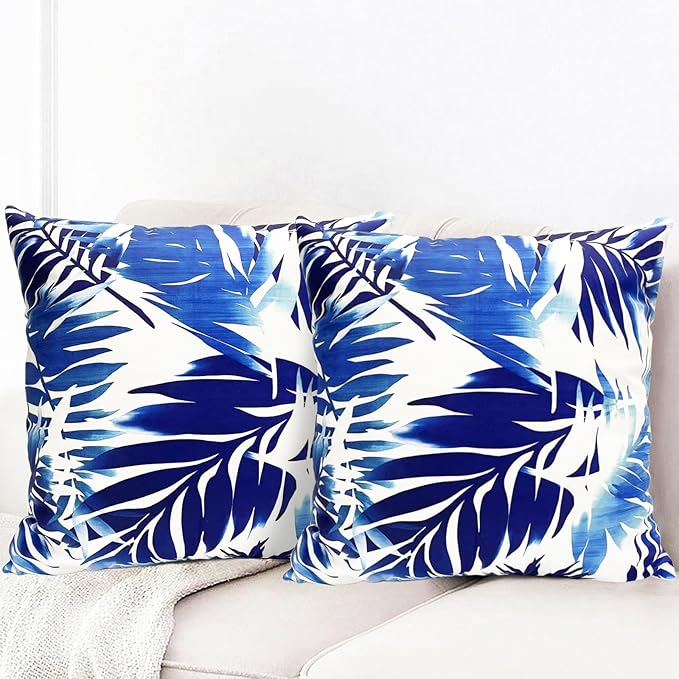 Decorative Throw Pillow Covers Set of 2 Blue Leaves of Tropical Pillow Covers 20x20 inch Soft Short Plush Square Throw Pillows,Farmhouse Outdoor Pillow Covers for Couch Sofa Living Room