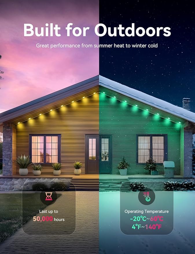 200FT Permanent Outdoor Christmas Lights for House, APP & Remote Control RGB LED Strip, IP67 Waterproof Eave Lights with DIY Colors for Halloween, Garden, Patio Decor