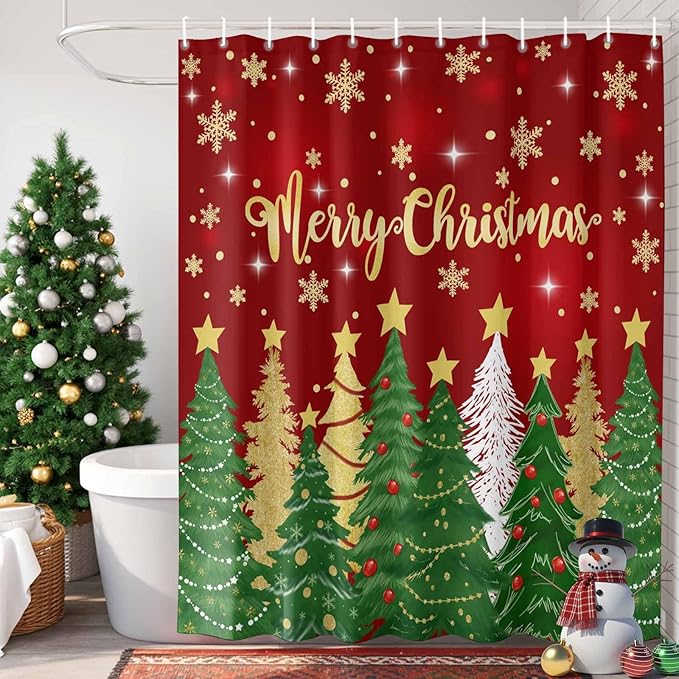 Christmas Shower Curtain, Merry Christmas Shower Curtains Set with Hooks, Gold Star Xmas Tree Snowflakes Waterproof Bathroom Curtains Xmas Holiday Decor Home Accessories,72 X 84 Inch Extra Long