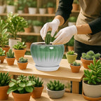 Deep Dream 6 Inch Plant Pots- Ceramic Planter Pot with Drainage Hole and Saucer, Round Flower Pot for Indoor Outdoor Succulent, Snake Plants and Cactus, White&Green