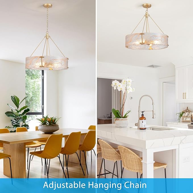 XINGQI 4-Light Modern Gold Glass Chandelier Round Water Ripple Pendant Lighting Fixture for Dining Room Living Room Kitchen Island Office Elegant French Chandeliers
