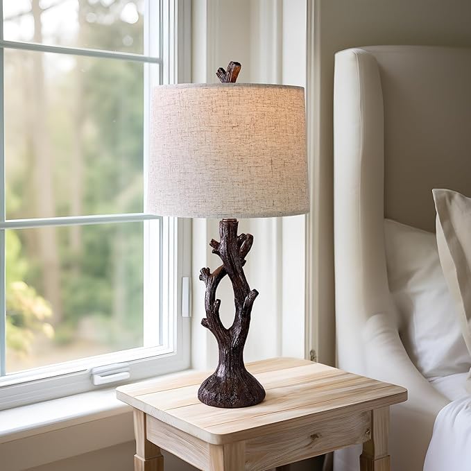 OYEARS 25" Farmhouse Table Lamp Set of 2 for Living Room Bedroom Resin Bedside Tree Lamp Nightstand End Table Lamps Vintage Natural Style