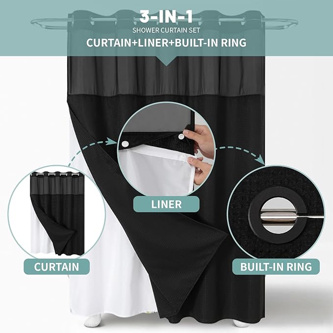 Black Long No Hook Waffle Weave Shower Curtain with snap-in Liner Replacement, 230GSM Waterproof Fabric Hotel Shower Curtain Set for Bathroom, Through Mesh Top Window,71Wx80H