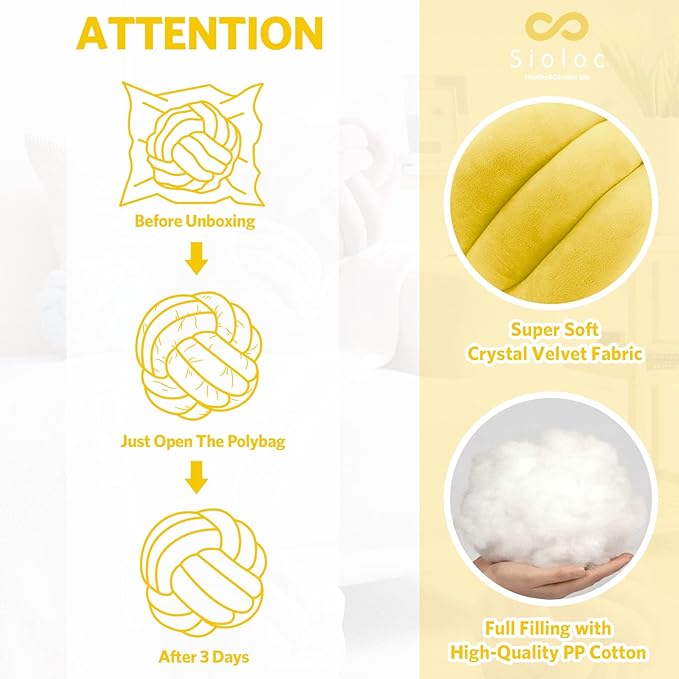 Sioloc Soft Knot Ball Pillows,Round Throw Pillow Cushion Home Decoration Plush Pillow,Throw Knotted Pillow Handmade Round Plush Pillow（7.8inches,Yellow）