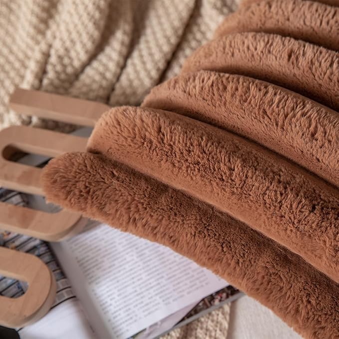 Faux Fur Plush Throw Pillow Covers 24x24 Inch Set of 2 - Luxury Decorative Fuzzy Striped Soft Cozy Pillowcase for Couch, Sofa, Living Room - Brown