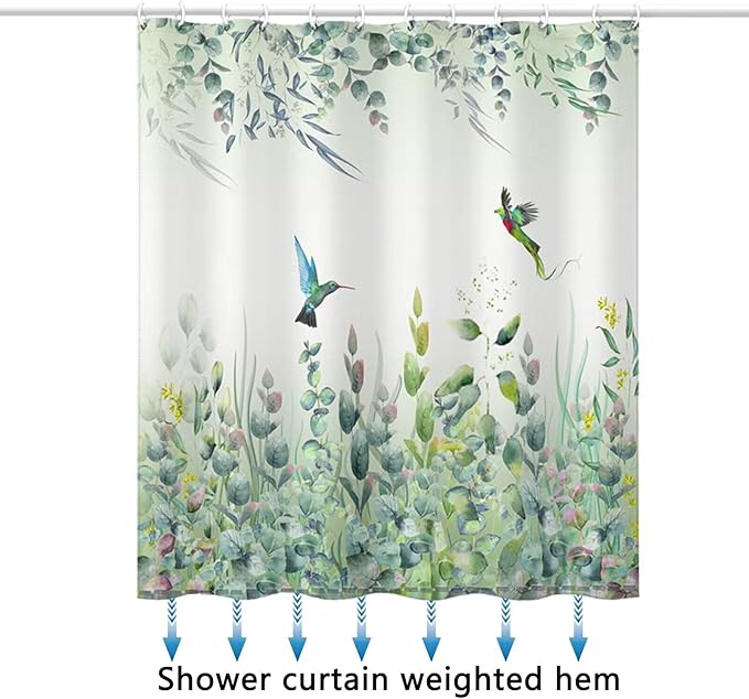 Green Leaf Shower Curtain, Emerald Bird Mint Green 72 “W x 72” L with 12 Hooks, Weighted Hem Bathroom Shower Curtain, Hummingbird Shower Curtains Water Resistant