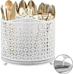 360° Rotating Kitchen Utensil Holder - Fast-Drying Utensils Caddy - 4 Compartment Flatware Silverware Organizer High Raised Cutlery Holder with Handle for Kitchen Countertop Party Picnic Table White