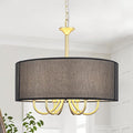 Gold Drum Chandeliers for Dining Room, 6-Light Black Farmhouse Chandelier Linen Light Fixture, 18'' Brass Round Chandelier Hanging Pendant Light for Bedroom Living Room Kitchen Foyer