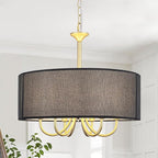 Gold Drum Chandeliers for Dining Room, 6-Light Black Farmhouse Chandelier Linen Light Fixture, 18'' Brass Round Chandelier Hanging Pendant Light for Bedroom Living Room Kitchen Foyer