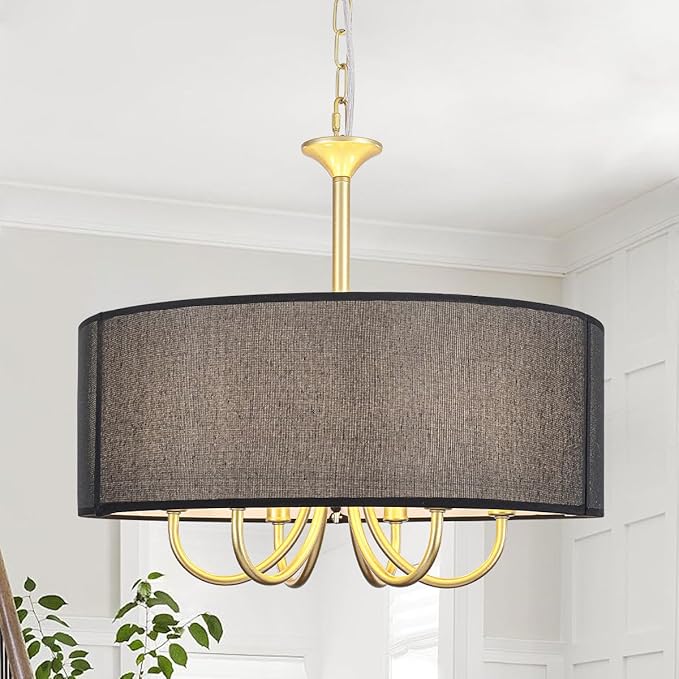 Gold Drum Chandeliers for Dining Room, 6-Light Black Farmhouse Chandelier Linen Light Fixture, 18'' Brass Round Chandelier Hanging Pendant Light for Bedroom Living Room Kitchen Foyer