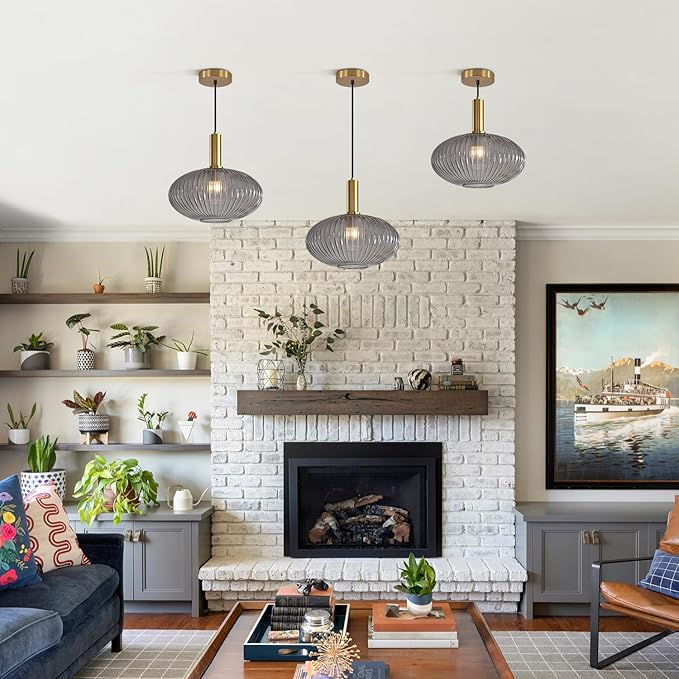 KCO Lighting Mid Century Modern Gold Glass Pendant Lighting Smoke Grey Globe Pendant Lights Kitchen Island Industrial Brass Gold Hanging Ceiling Light Fixture for Dining Room