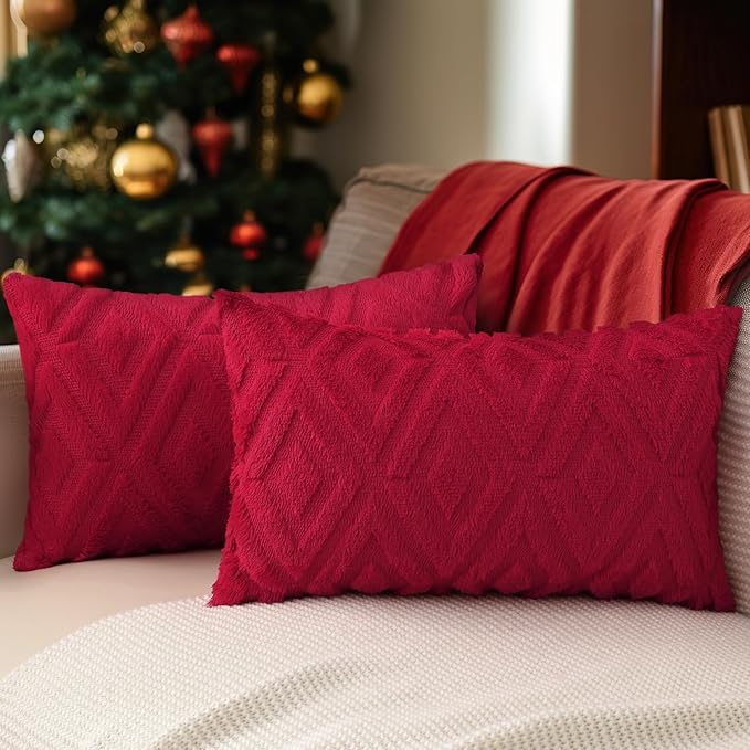 Pallene Christmas Red Throw Pillow Covers 12x20 Set of 2, Soft Plush Faux Fur Decorative Lumbar Couch Pillow Covers for Sofa Bed Living Room Pillow Cases with 3D Diamond Pattern
