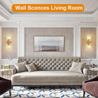 Gold Crystal Wall Sconces Set of Two, Wall Sconce Set of 2, Brass Sconces Wall Lighting with K9 Crystal Lampshade, Wall Lights for Bedroom Living Room Bathroom Hallway