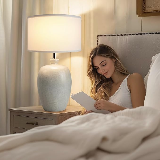 WJShome 27" Farmhouse Ceramic Table Lamp with Unique Ice Pattern Effect and White Linen Shade - Perfect for Bedroom, Living Room, Dining, and Office! (Bulb Not Included)