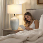 WJShome 27" Farmhouse Ceramic Table Lamp with Unique Ice Pattern Effect and White Linen Shade - Perfect for Bedroom, Living Room, Dining, and Office! (Bulb Not Included)
