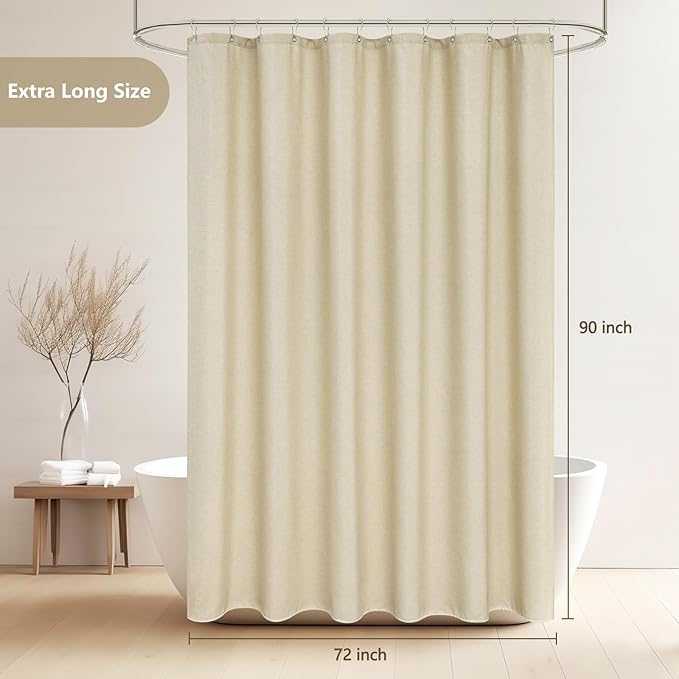 Beige Extra Long Fabric Shower Curtain 72 x 90 Inch, Faux Linen Heavy Duty Shower Curtain Water-Resistant, Cream Ivory Modern Shower Curtains Machine Washable for Tall Bathrooms