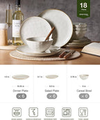 Famiware Ocean Round Plates and Bowls Set, 18 Pieces Dinnerware Sets, Dishes Set for 6, Microwave and Dishwasher Safe, Scratch Resistant, Vanilla White