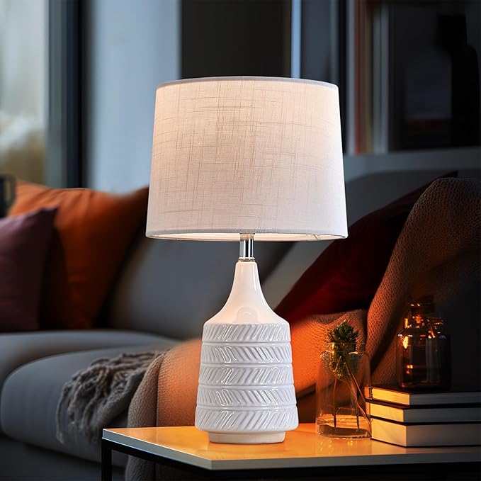 White Ceramic Table Lamps Set of 2, Decor Farmhouse Lamps for Living Room End Tables, 18.5" Bedside Lamps for Night Stands, Modern Boho Lamp for Bedroom Office, 3-Color Temperature LED Bulbs Included