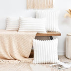 Throw Pillow Covers Decorative Faux Fur Set of 2 18x18 Inch Pillow Covers, Soft Cream White Striped Pillowcases for Couch Sofa Bed Living Room, Fluffy Cute Home Boho Accent Fuzzy Decor