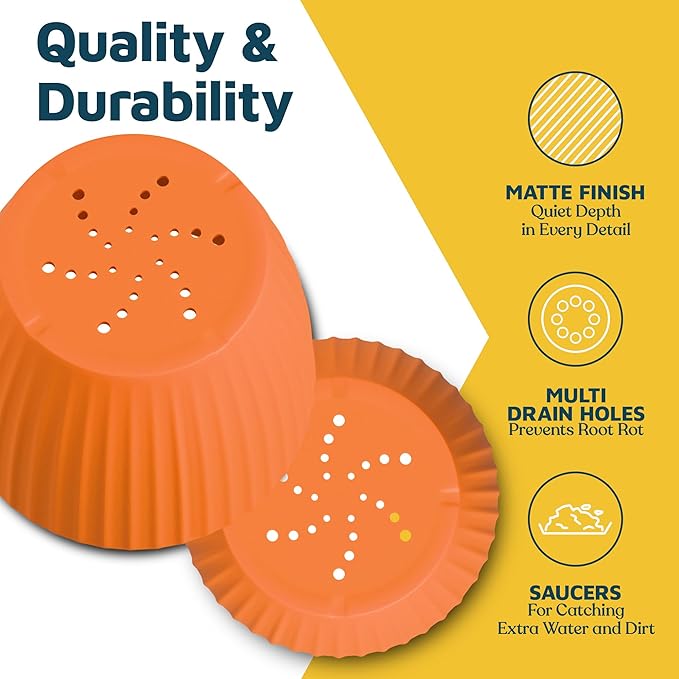 Yellow 6-Inch Plant Pots with Drainage & Saucers 18 Pack, Indoor & Outdoor Planters for Houseplants, Herbs, and Flowers, Durable & Weatherproof Material, Stackable, Lightweight, Minimalist Design