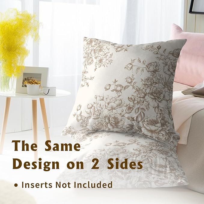 Vintage Flowers Pillow Covers 22x22 Inch, Set of 2 Chinoiserie Tan Cream Floral Throw Pillowcases with Zipper Square Cushion Cover for Couch Sofa Bed Indoor Outdoor Home Decor