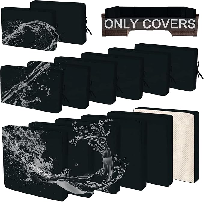 14 PCs Patio Cushion Covers for 7 PCs Outdoor Furniture Sectional Seating Sets Water Resistant Plus 2 Throw Pillows (Black, 24.8(L)*24.8(W)*3.14(T) inches)