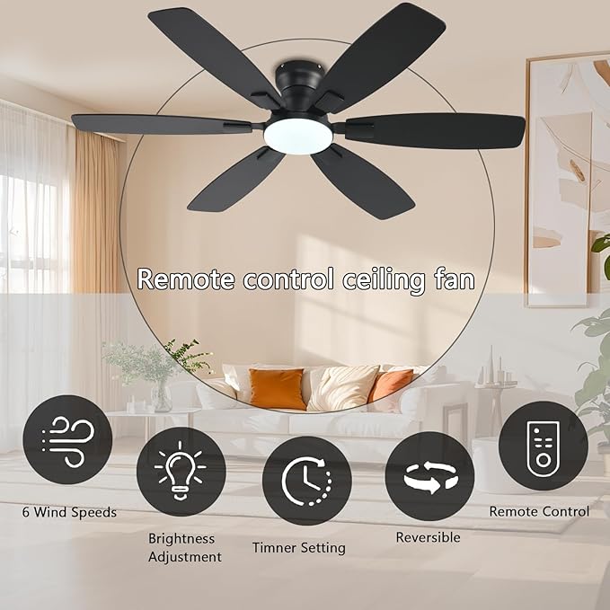 Ceiling Fans with Lights, 52 Inch Low Profile Ceiling Fan with Light and Remote Control, Flush Mount, Reversible, 3CCT, Dimmable, Quiet, Black Ceiling Fan for Bedroom Indoor/Outdoor Use