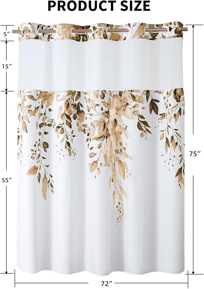QiyI No Hook Shower Curtain with Snap in Fabric Liner, Brown Eucalyptus Shower Curtain with See Through Top Window, Waterproof Washable Cloth Ringless Shower Curtain Set for Bathroom, 72 x 75