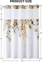 QiyI No Hook Shower Curtain with Snap in Fabric Liner, Brown Eucalyptus Shower Curtain with See Through Top Window, Waterproof Washable Cloth Ringless Shower Curtain Set for Bathroom, 72 x 75