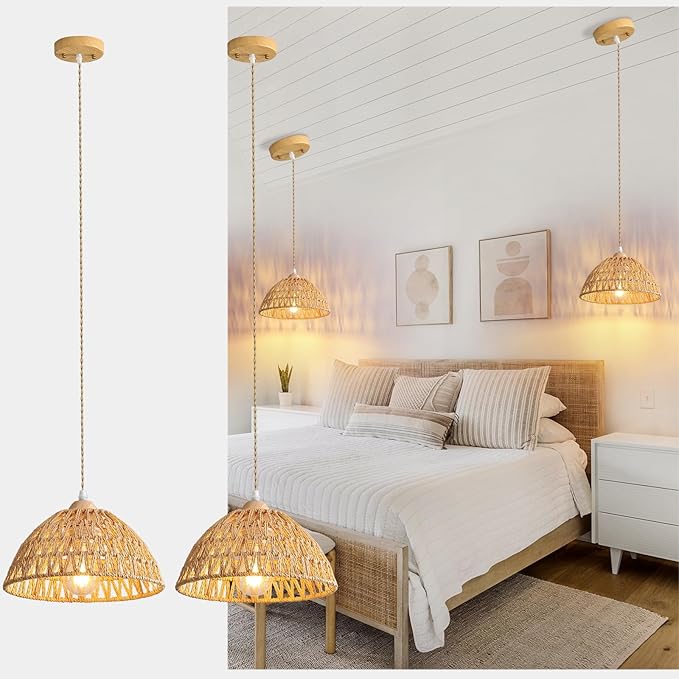 Farmhouse Wicker Pendant Light, 2-Light Boho Rattan Chandelier Light Fixture, Ceiling Hanging with Woven Lampshade, for Kitchen Bedroom Island Hallway, ETL Listed
