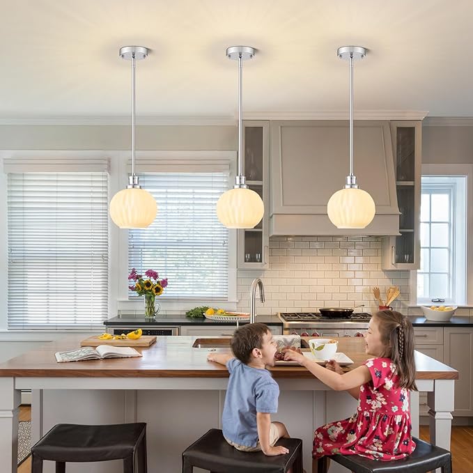 Brushed Nickel Pendant Lights Kitchen Island 2 Pack, 7.3" Milk Glass Modern Pendant Light Fixtures with Rods, Globe Hanging Lighting for Kitchen Sink Bathroom Dining Room, E26 Base