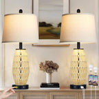 UXEFLOW 27" Beige Rattan Lamps with Night Light, Coastal Bedside Table Lamps Set of 2, Woven Wicker Bedroom Nightstand Lamp with USB A+C Charging Port & AC Outlet, Tall Farmhouse Lamp for Living Room