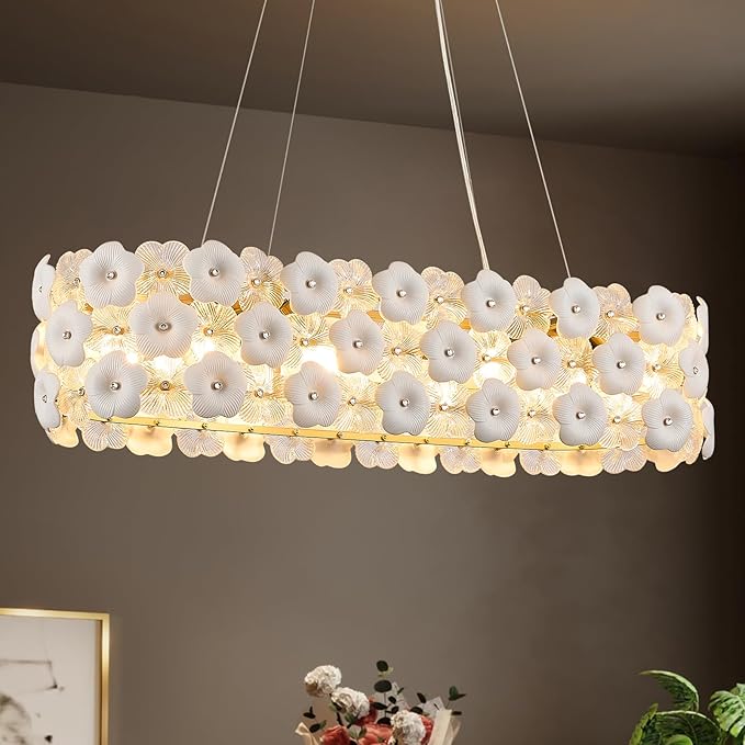 Modern Flower Glass Chandeliers for Dining Room L36” Oval Ceiling Pendant Light Fixture Luxury Gold 8-Light Contemporary Chandelier for Living Room Kitchen Island Bar, E12