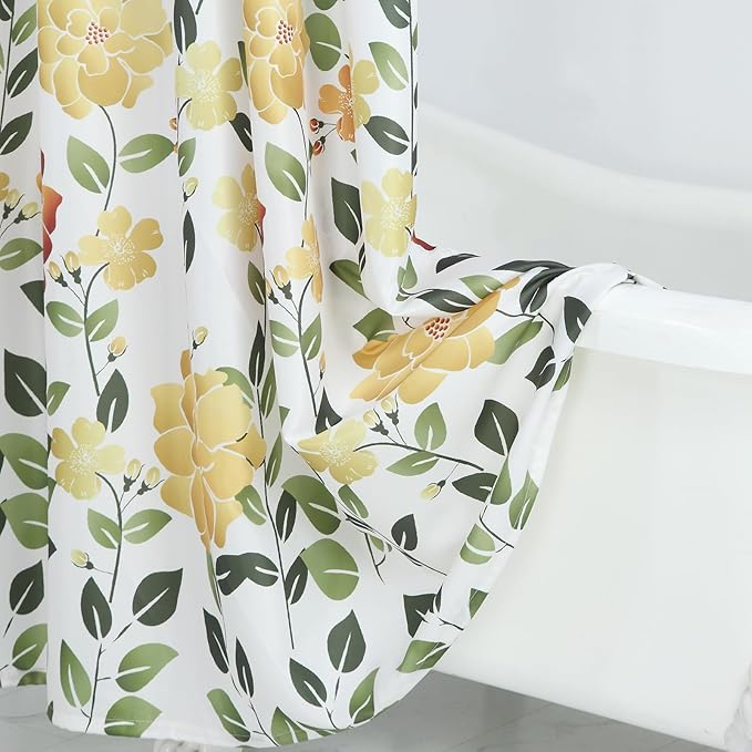 Long Fabric Floral Shower Curtain, Yellow Orange Green Flower Shower Curtains for Bathroom, Waterproof Bathroom Curtains, 72" W x 78" H