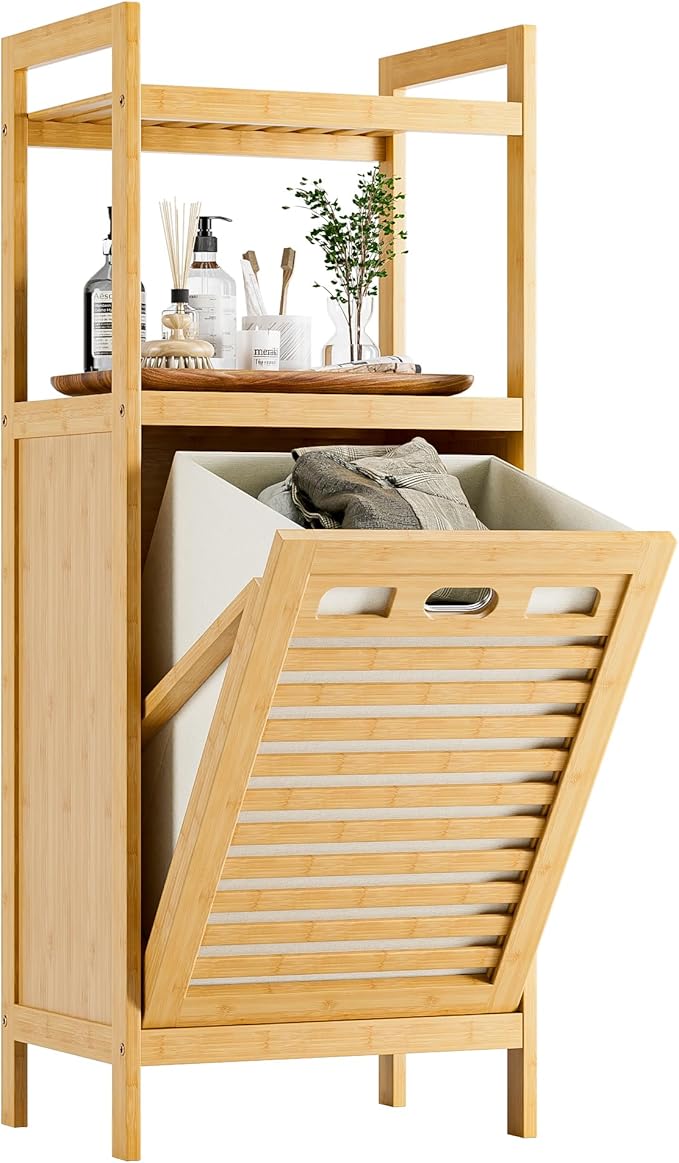 HITNET Tilt Out Laundry Hamper, Bamboo Laundry Basket with Foldable Bag and 2 Open Shelves, Freestanding Clothes Storage Organizer for Bedroom, Bathroom, Living Room, Natural