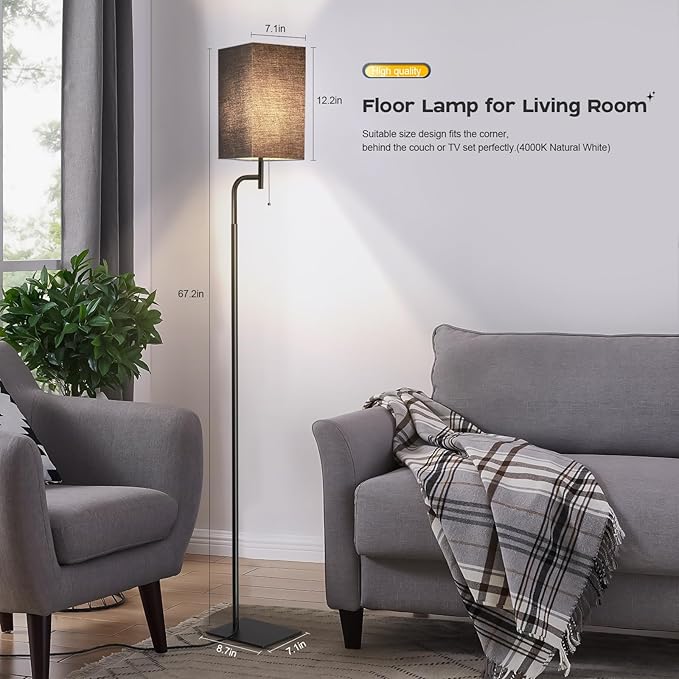 Modern Floor Lamp for Living Room, Black, 3 Color Temperatures, Linen Shade, Minimalist Design, Tall Lamp for Reading, Office, Bedroom