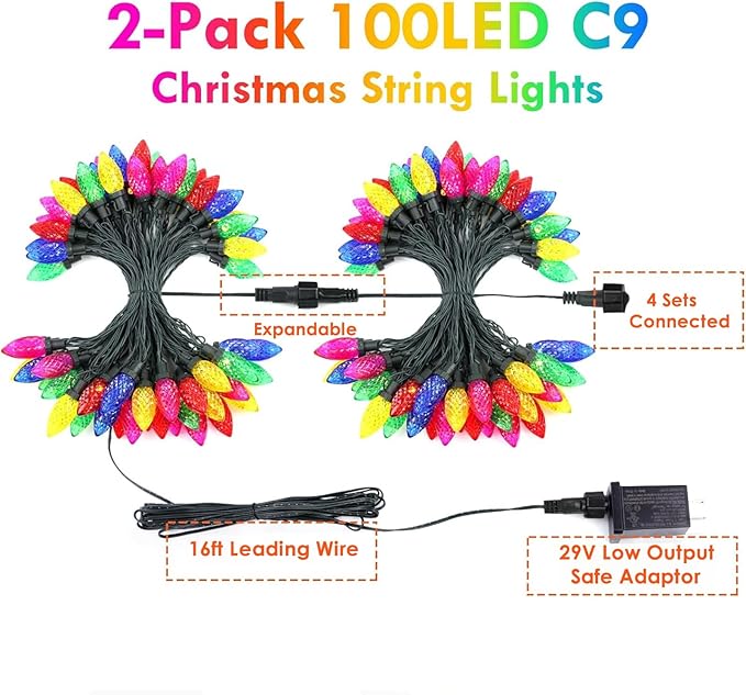 2-Pack 66FT 100LED Extendable C9 Christmas Lights Outdoor/Indoor, Waterproof Christmas String Lights Plug in, Green Wire Fairy Lights for Xmas Tree Garden Patio Wedding Party Decoration (Multicolor)
