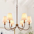 Chandelier, Retro Antique Brown with White Beige Fabric Shade, 6-Light 28" Country Rustic Farmhouse Linear Pendant Lighting Fixture for Kitchen Island Dining Living Room Bedroom