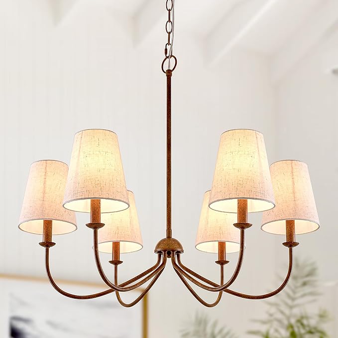 Chandelier, Retro Antique Brown with White Beige Fabric Shade, 6-Light 28" Country Rustic Farmhouse Linear Pendant Lighting Fixture for Kitchen Island Dining Living Room Bedroom