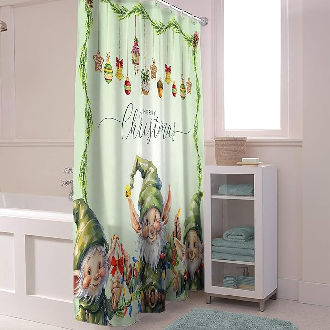 Vandarllin Merry Christmas Shower Curtain, Green Christmas Gnome Elf Shower Curtains Set with Hooks, Xmas Balls Waterproof Fabric Bathroom Curtains Decor Home Accessories,72 X 78 Inch Long