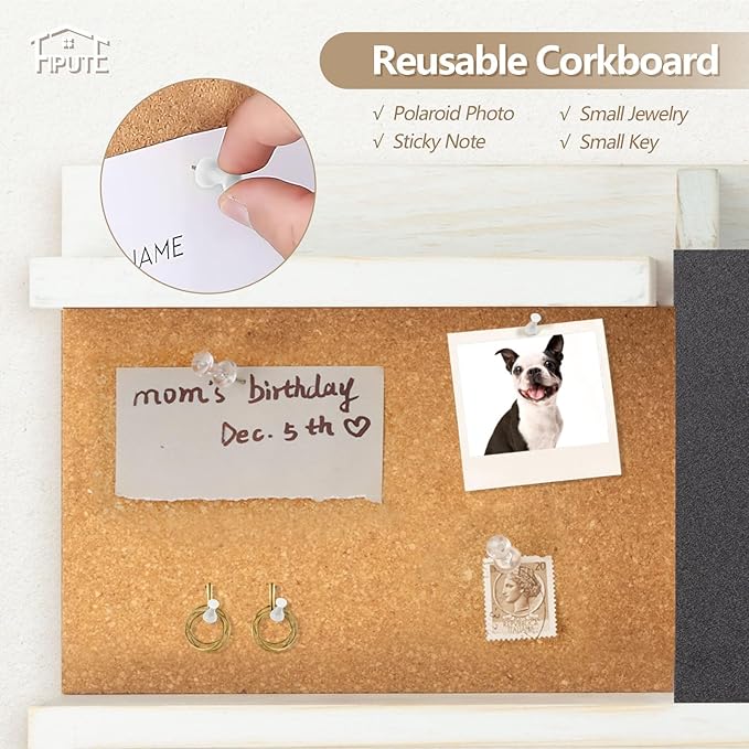 Key Holder for Wall Mount with Mail Organizer, Farmhouse Key Holder for Wall with Shelf, Chalkboard&Corkboard, Entryway Organizer 11 Metal Hooks, Decorative Natural Pine Wood, 14.6*11.1*3.3”, A-White