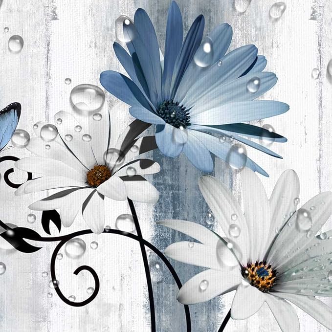Rustic Farmhouse Shower Curtain, Farm Blue Daisy Floral Flowers and Butterfly on Country Wooden Shower Curtain for Bathroom, Turquoise Blue Bathroom Shower Curtains with 8 PCS Hooks, 47X64IN
