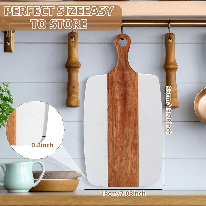 Zubebe 6 Pcs Marble and Wood Cutting Board Acacia Wooden Marble Serving Tray with Handle Charcuterie Chopping Board for Kitchen Christmas Wedding Bridal Shower Gift(14 Inches x 7 Inches)