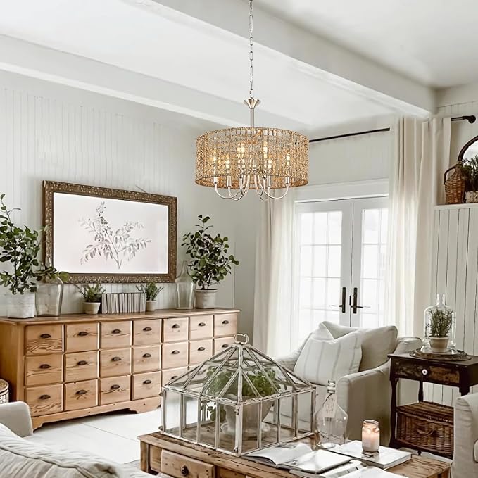LynPon 17.7" Brushed Nickel Boho Rattan Chandeliers for Dining Room, 6-Light Seagrass Pendant Light Fixtures with Hand Woven Wicker Shade, Farmhouse Drum Chandelier for Living Room Kitchen Hallway