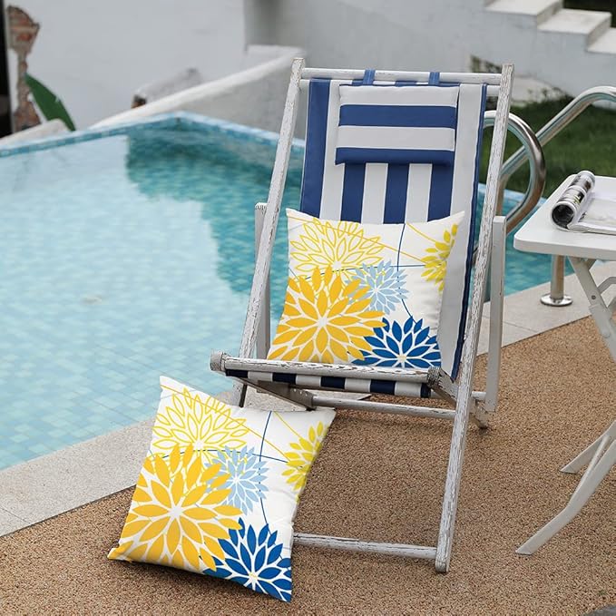 Yellow Blue Outdoor Pillow Cover 20X20 Inch Set of 2 Outdoor Waterproof Summer Floral Yellow Decorative Pillow case Decor for Couch Patio Funiture Garden Print Polyester Cushion Cover 01J20